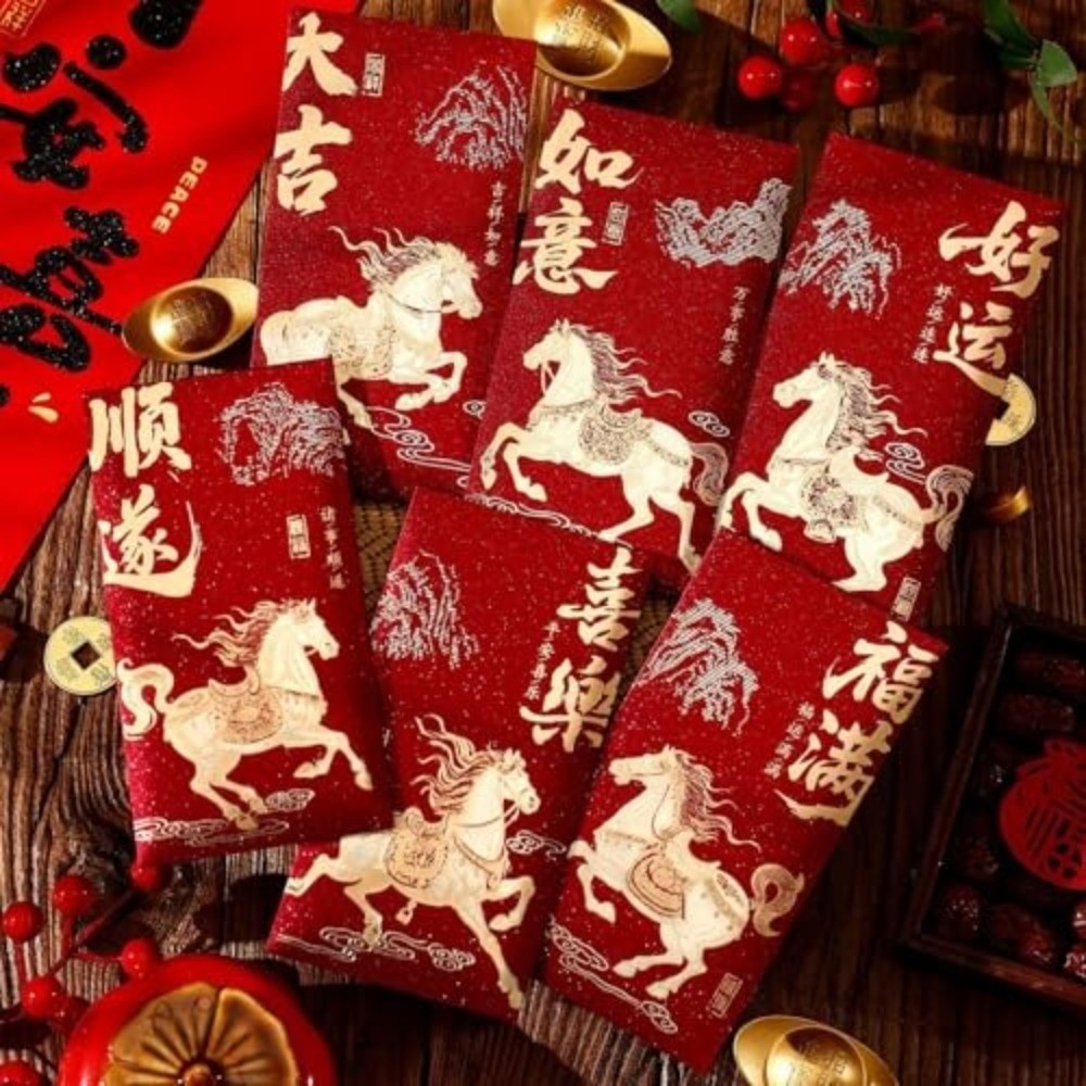 6Pcs/Set Good Lucky Chinese Style Horse Red Envelopes Thickened Big Blessing Bag Red Pocket Gift