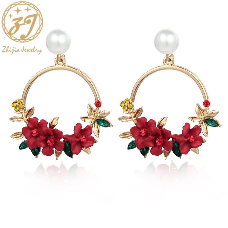 【Happy LifeStore】Zhijia sweet cute hollow round purple pink red flower stud earrings for wo party gifts
