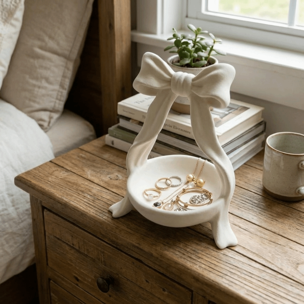 New Plastic Material Bowknot Storage Dish Pure White Simple Design Jewelry Tray Decorative Cute Style Key Storage Box Party