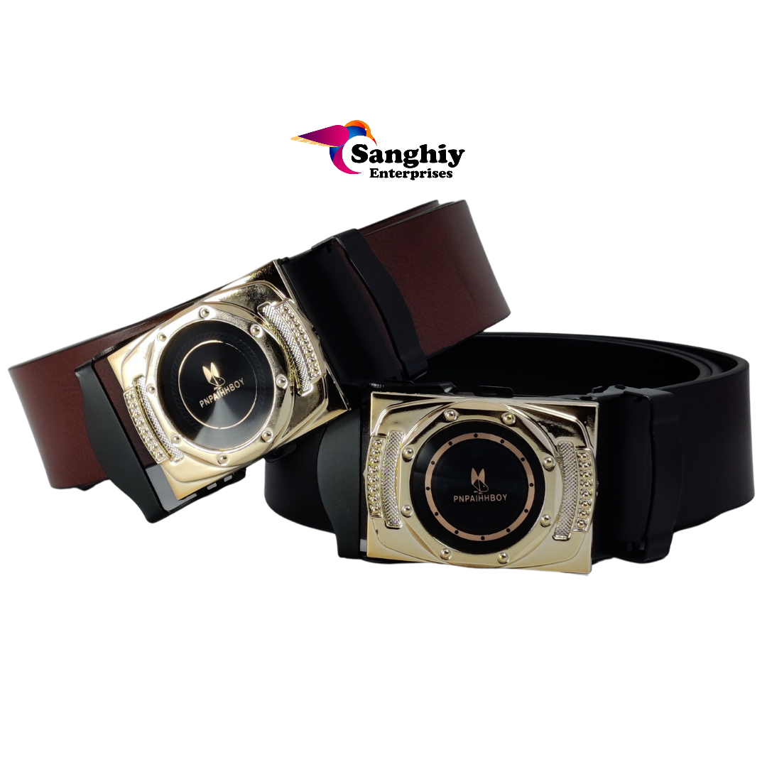 Two Side Reversible Colour Push Lock Black Leather Belt For Men