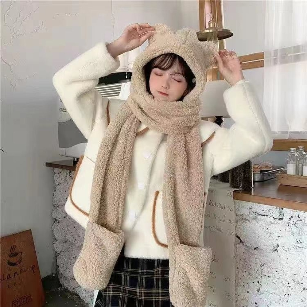 3 In 1 Hat Scarf Gloves Set Winter Warm Cute Bear Ears Plush Hoodie For Girl