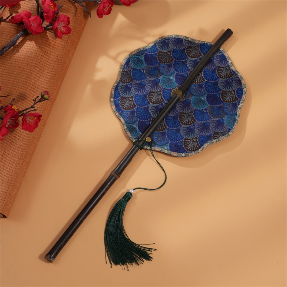 Summer Foldable Vintage Round Printed Fan Cloth with Pendant Tassel Hand Fan Circular Waist Fan