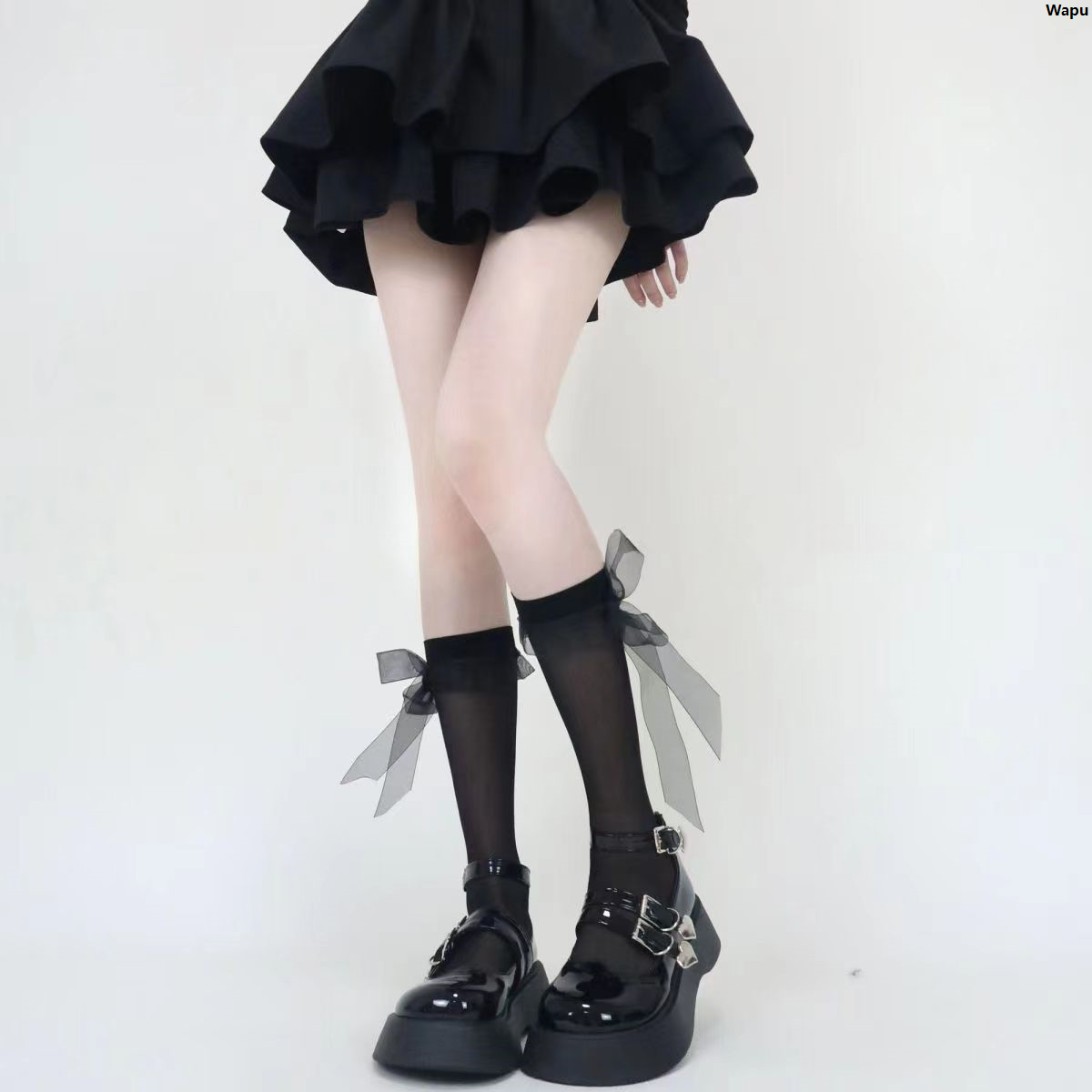 Solid Color Bowknot Hollow Lace Stockings Woman Middle Tube JK Lolita Cute Socks Black White Fishnet Stockings for Women