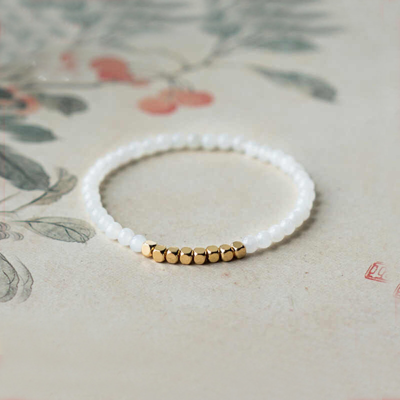【Hottest Trends】New Chinese Style Simple Wanqing Imitation Hotan White Jade Beaded Bracelet Women's Design Sense Niche Square Metal Bracelet Accessories