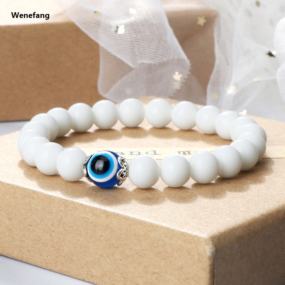 Wenefang 8mm White Cat Eye Stone Beads Evil eye Bracelet Men Tiger Eye Black Luxury Beads Turkish style Strand Bracelet For Women female Jewelry