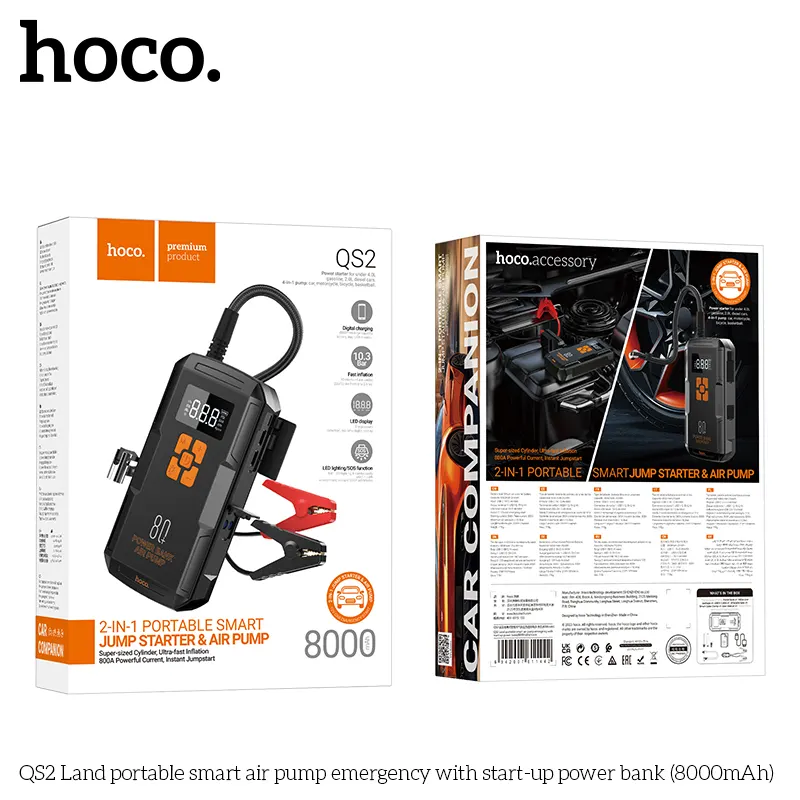 HOCO QS2 Land Portable Smart Air Pump Emergency With Start-Up Power Bank(8000MAH)