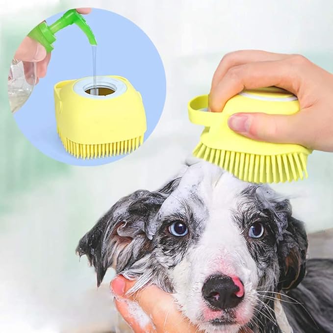Hachiko Dog Bath Brush with Shampoo Dispenser Soft Silicone Bristles Body Scrubber Tick Remover Grooming Tool for Dogs Cats Pets Shower Shedding Care