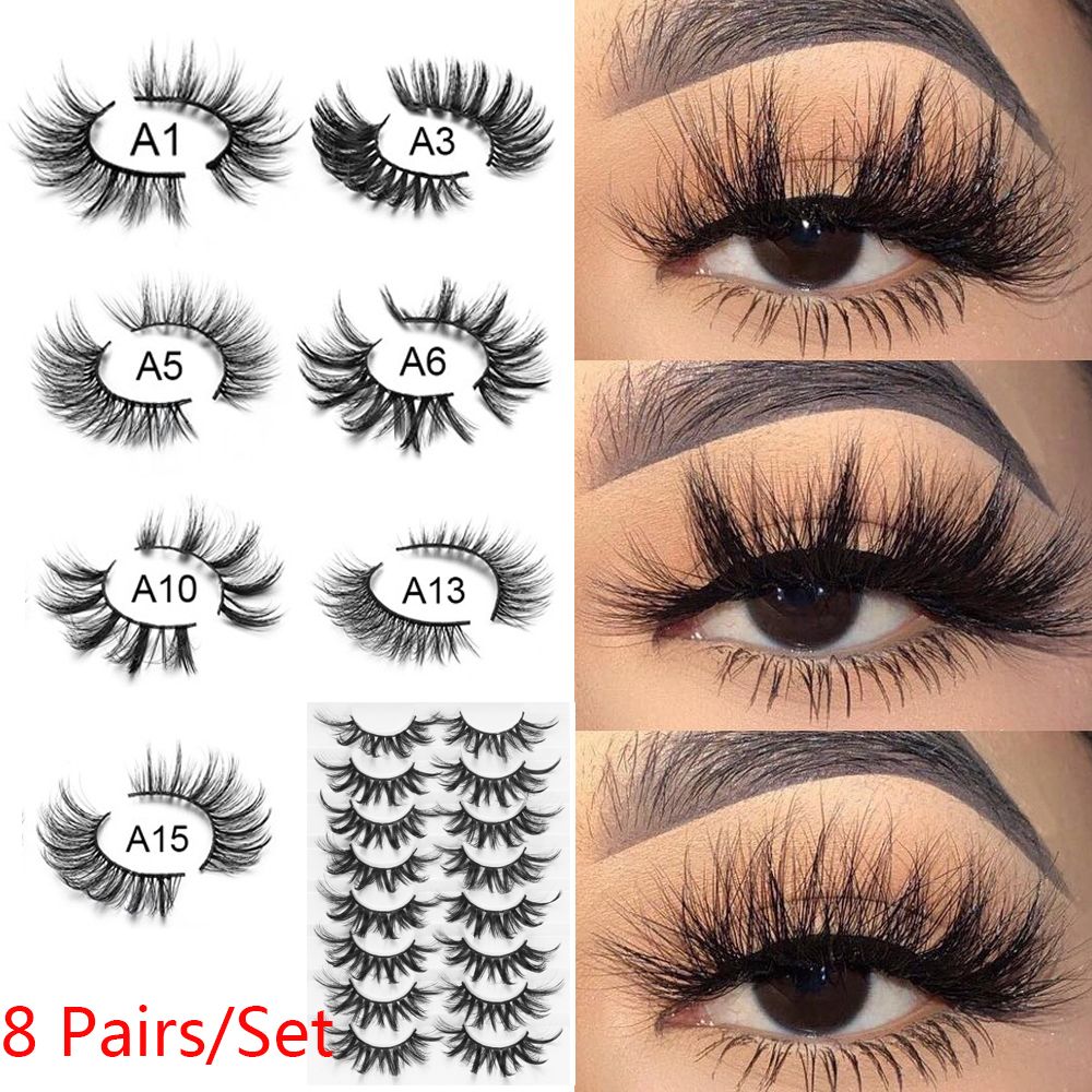 SKONHED 8 Pairs Woman Long Natural Eye Makeup Tools Multilayered Effect False Eyelashes Eye Lash Extension Full Volume Thick 3D Mink
