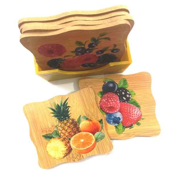 Fruits Printed Square Bamboo Coaster 6 Pcs Set