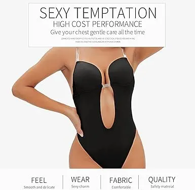 Invishaper Backless Body Shaper Bra for Women, Clear Straps U Plunge Seamless Thong Full Bodysuits with Silicone Nipple Cover