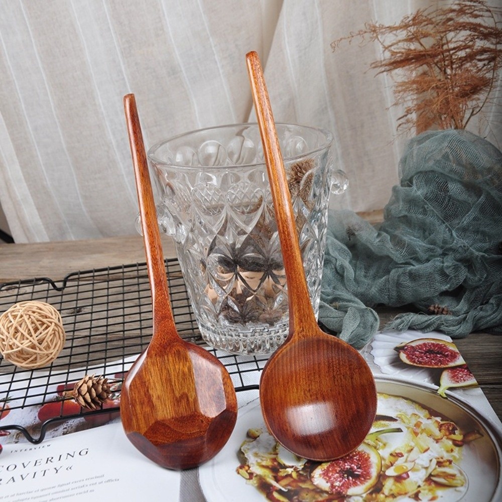 1Pc Japanese Style Big Size Soup Spoon Wooden Long Handle Serving Spoon Tortoise Shell Mixing Spoon Dining Tableware