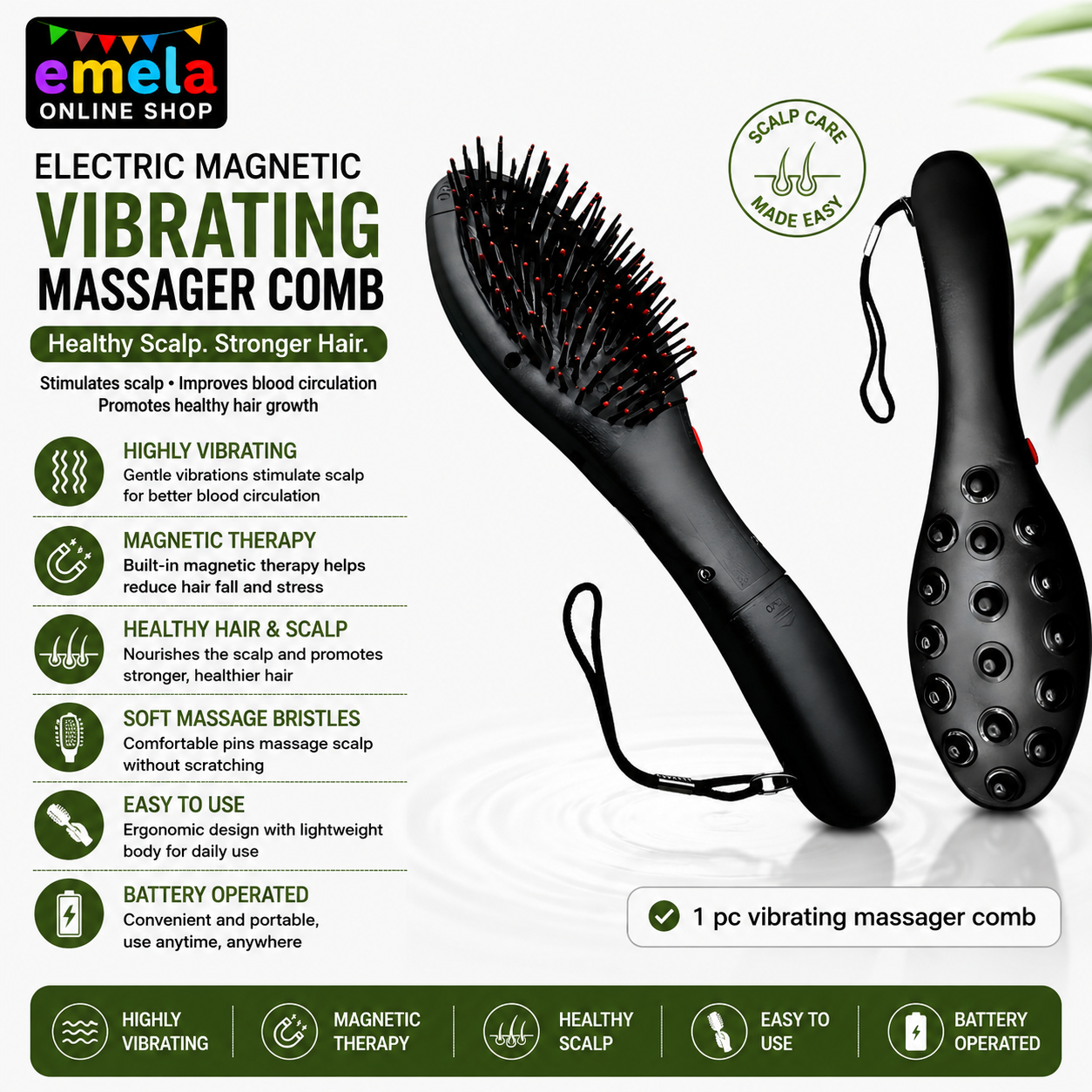 Electric Magnetic Vibrating Massager Comb Hair Brush for Scalp Blood Circulation Treatment for Healthy Hairs & Scalp bamboo paddle hair brush