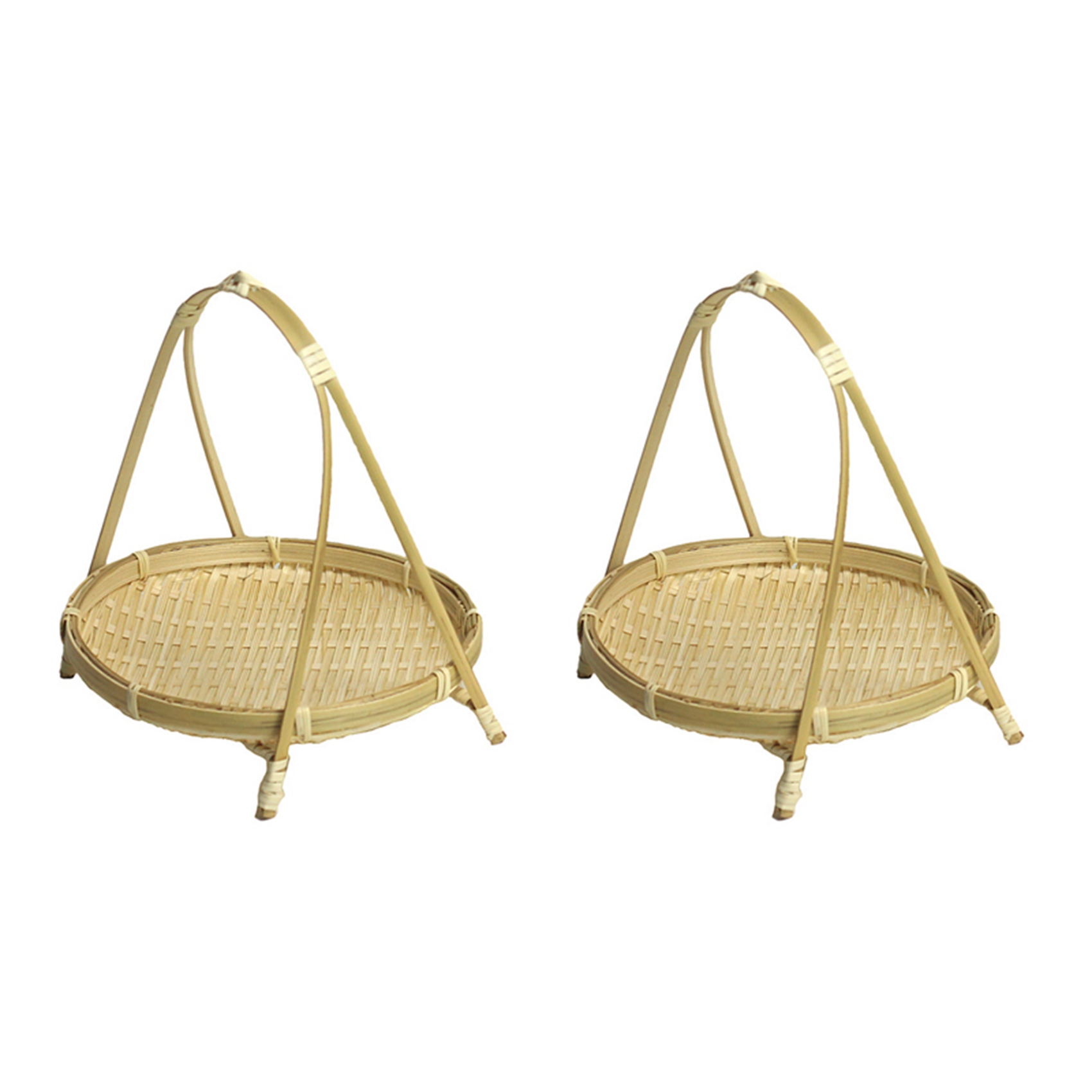 fasdaga 2X Bamboo Weaving Straw Baskets Tier Rack Wicker Fruit Bread Food Storage Kitchen Decorate Round Plate Stand
