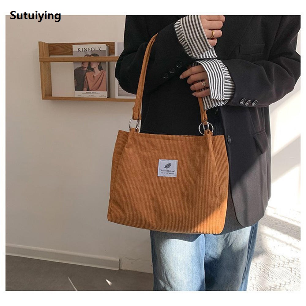 Sutuiying Fashionable Canvas Bag Lightweight Large Capacity Corduroy Tote 2025 Bag Solid Color Corduroy Handbag for College Use Shopping