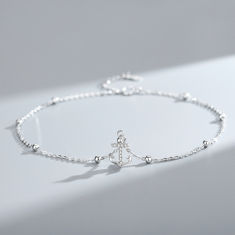 【New arrival】925 Anklet Niche Boat Anchor Fashion Inlaid Stone Popular Instagram Style Fashionable Silver Anklet Anklet for Girls