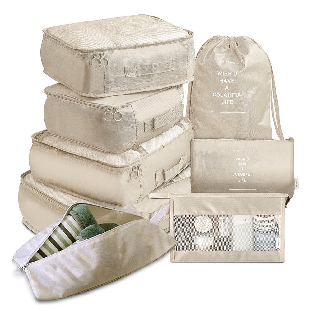 8Pcs Travel Storage Bag Set Storage Box Portable Luggage Storage Bag Clothes Shoe Box Storage Bag(Beige)
