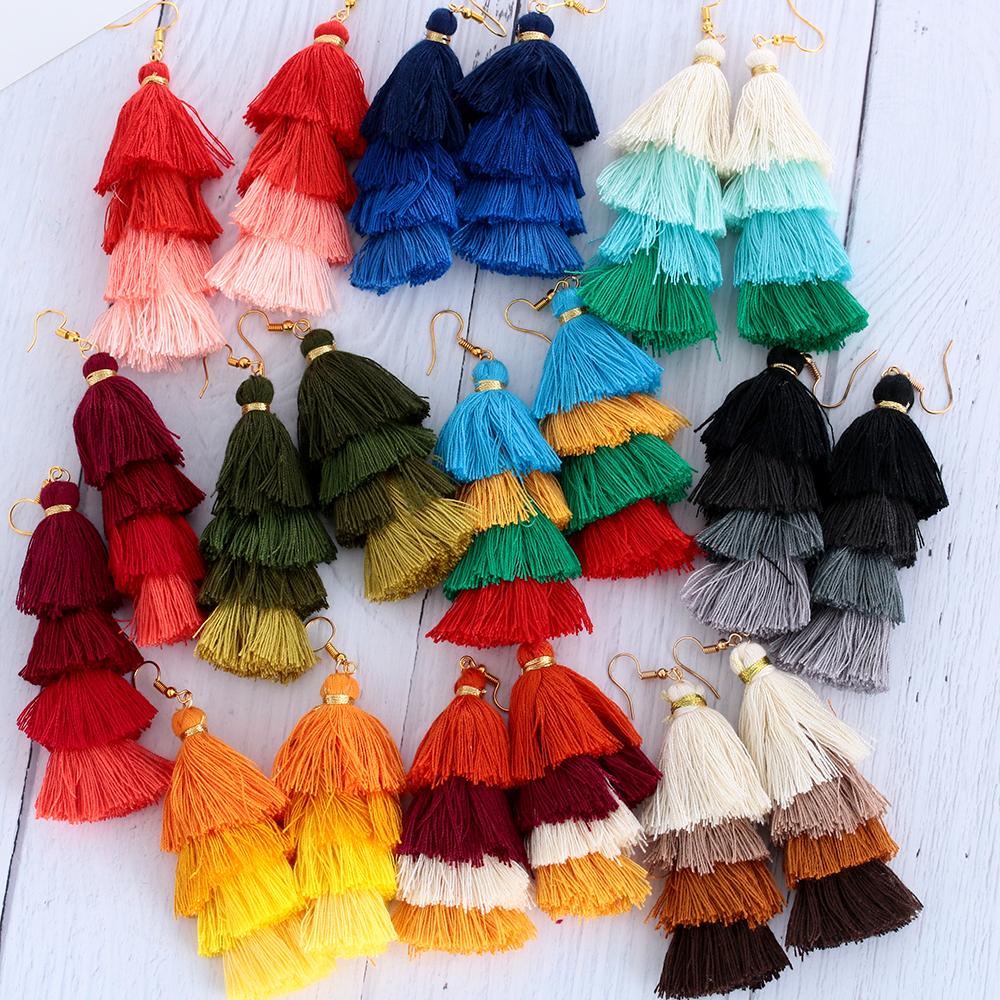 1 pair Vintage Women Boho Gradient Ethnic Silk Fabric Dangle Drop Earrings Long Tassel Earrings Bohemian Multilayer Drop