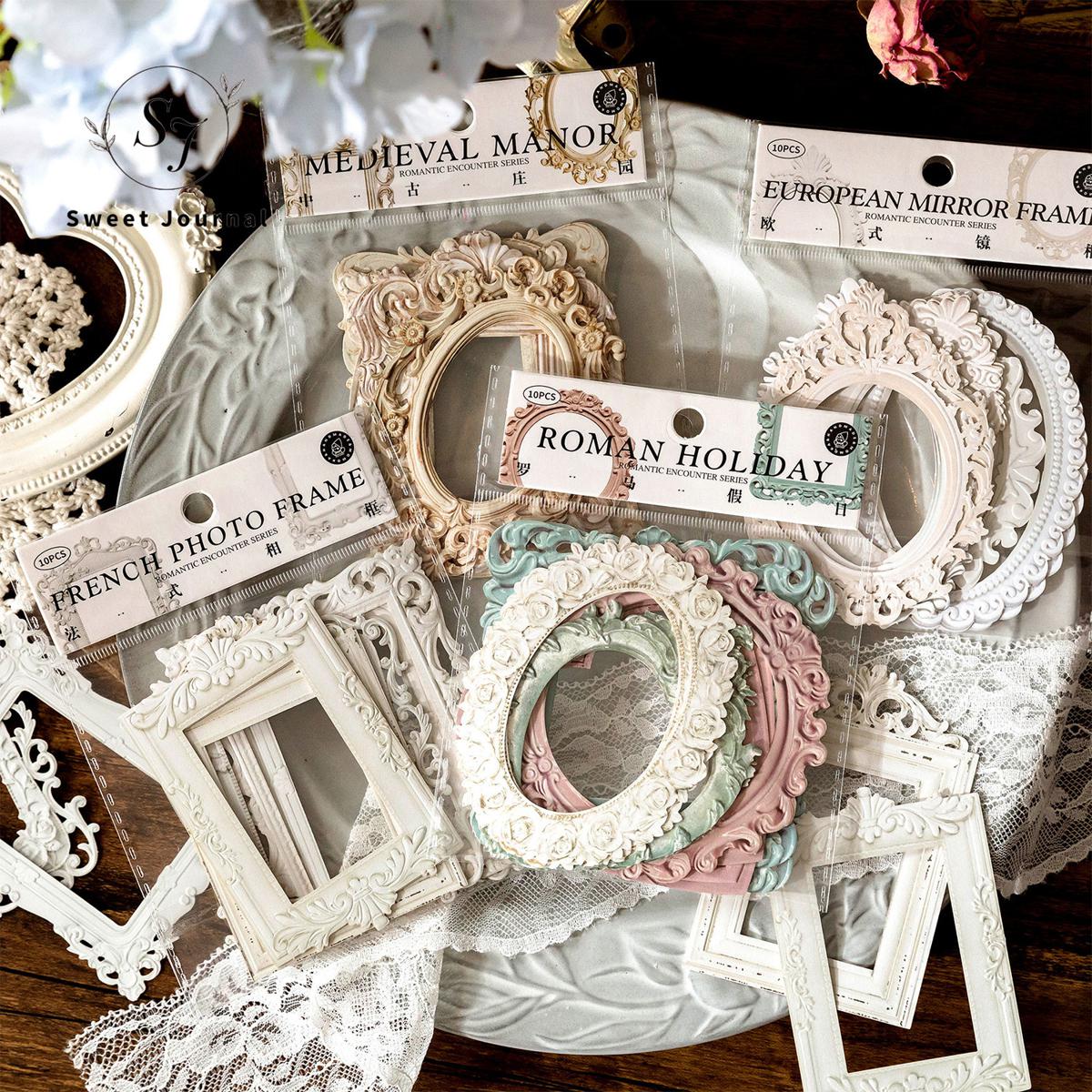 Sweet Journal 10PCS Romantic Encounter Series Hollow Relief Retro Photo Frame Basic Material Paper DIY Journaling Planner Diary Crafts Scrapbooking