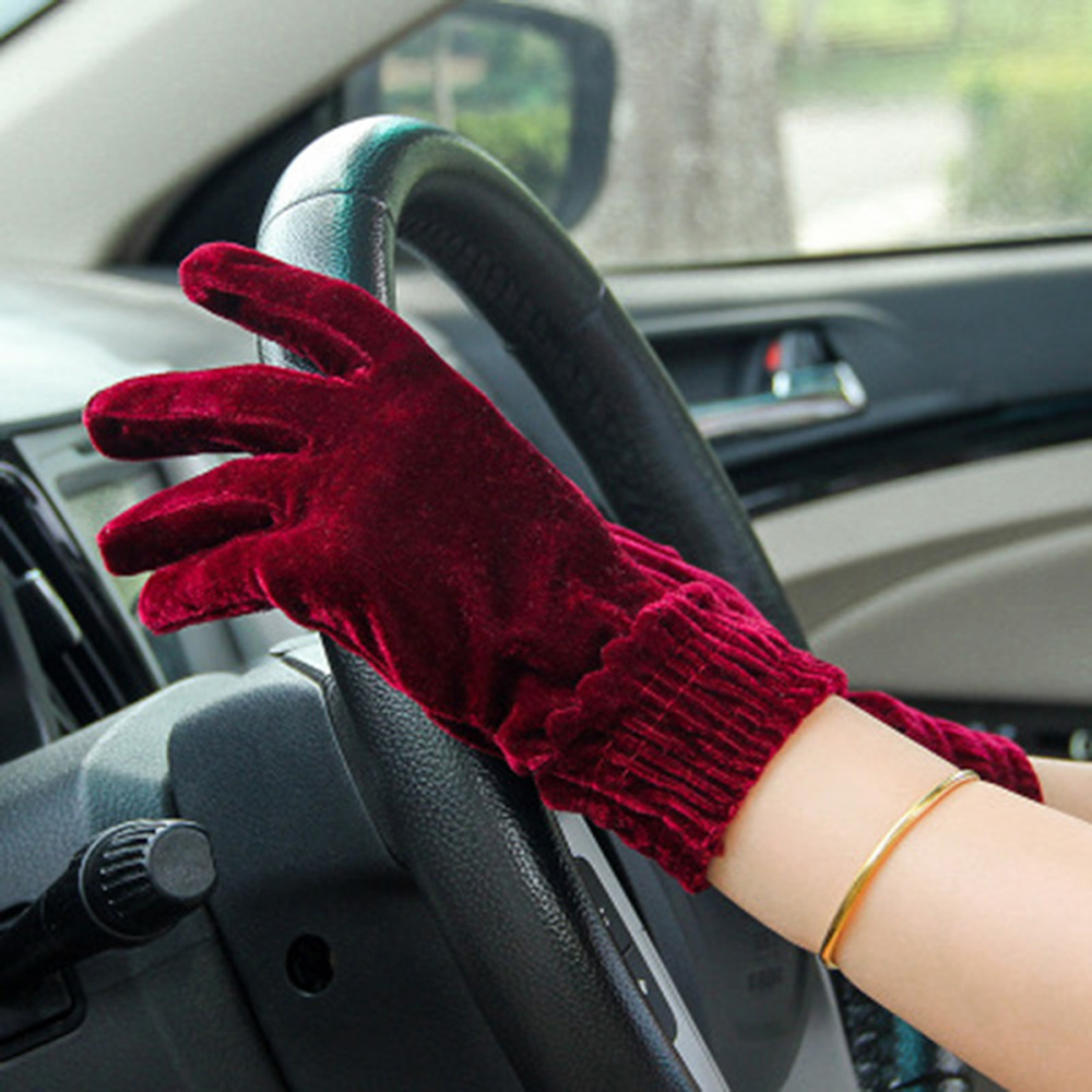Outdoor Cycling Soft Women Solid Warm Full Finger Mittens Elastic Velvet Gloves Driving Gloves