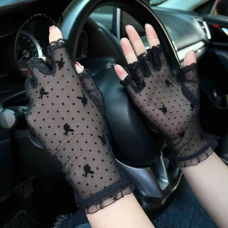 Wenefang Sunscreen lace exposed gloves, womens thin design, riding car, black mesh stockings, half finger leakage, elegant summer