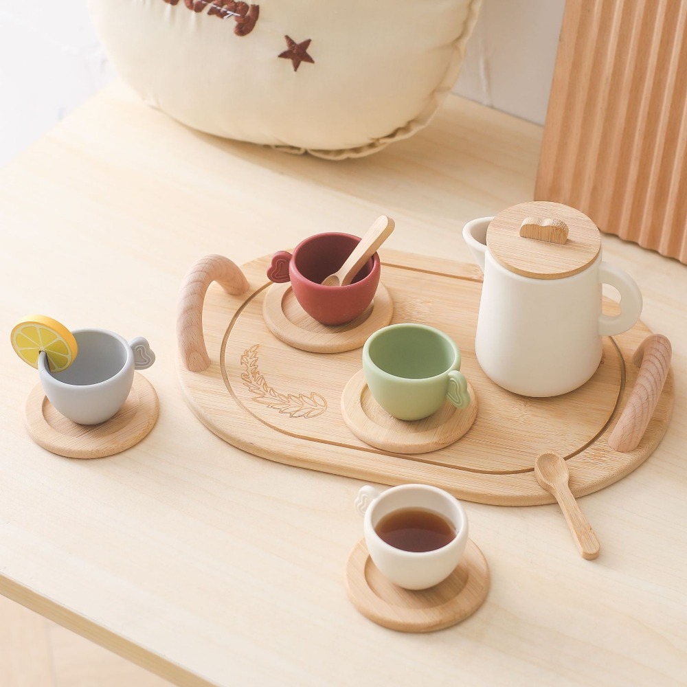 Funny Silicone Afternoon Tea Set Wooden Role Play Game Montessori Toys Playing House Scene Model Kids Gifts