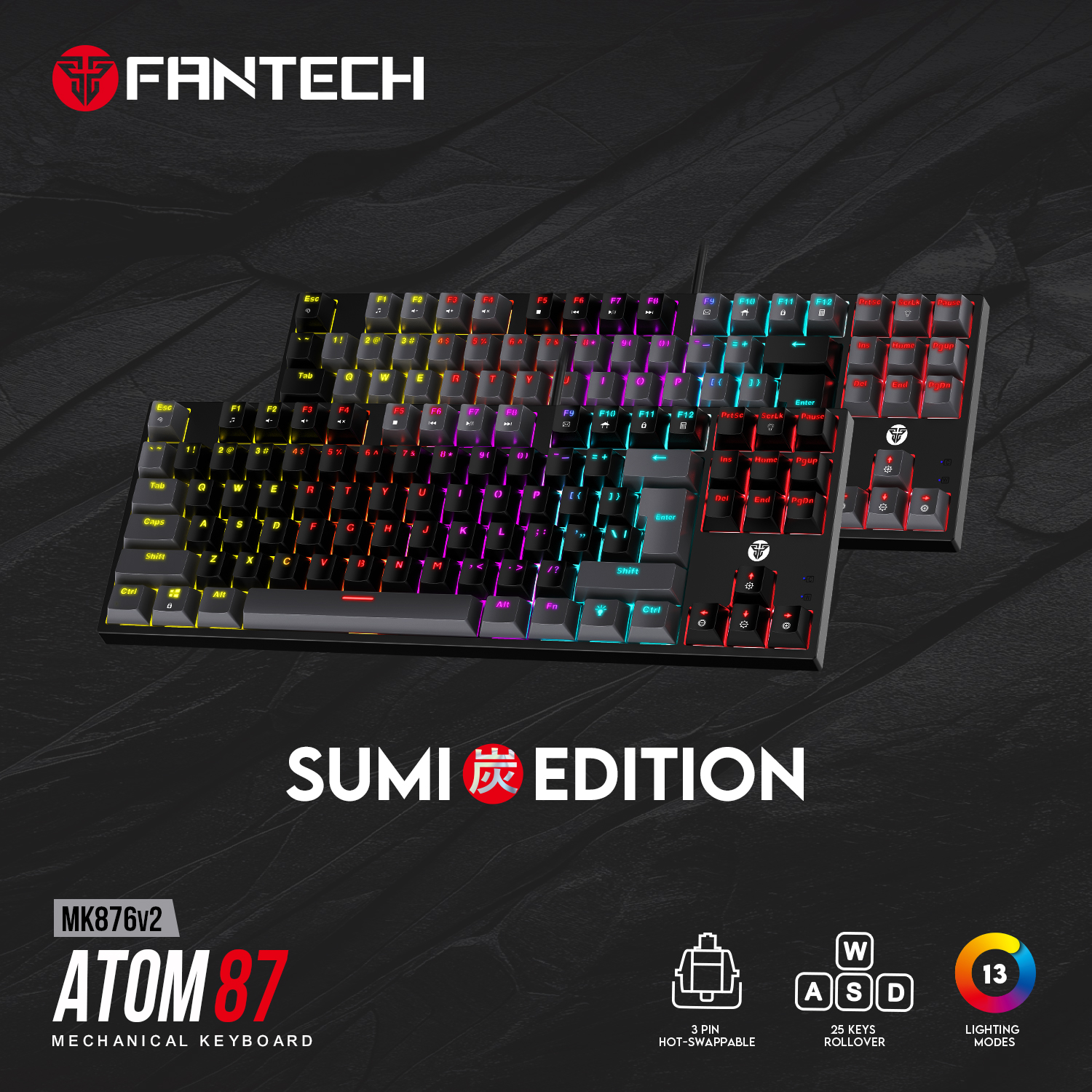 Fantech ATOM MK876V2 Sumi Edition Wired RGB Mechanical Gaming Keyboard TKL with Adjustable Feet and Dual Switch Options
