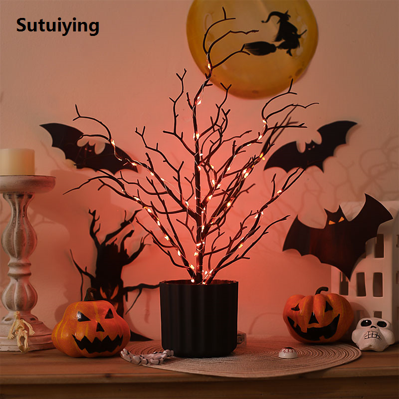 Sutuiying 1pc simulation Halloween withered tree branch LED light potted plant, home indoor Halloween holiday decoration