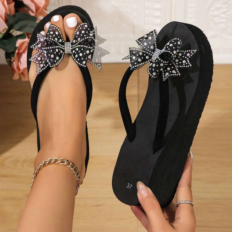 Womens Designer Women Bow Decoration Cute New Pattern Flip Flop Wedge Summer Casual Sandals