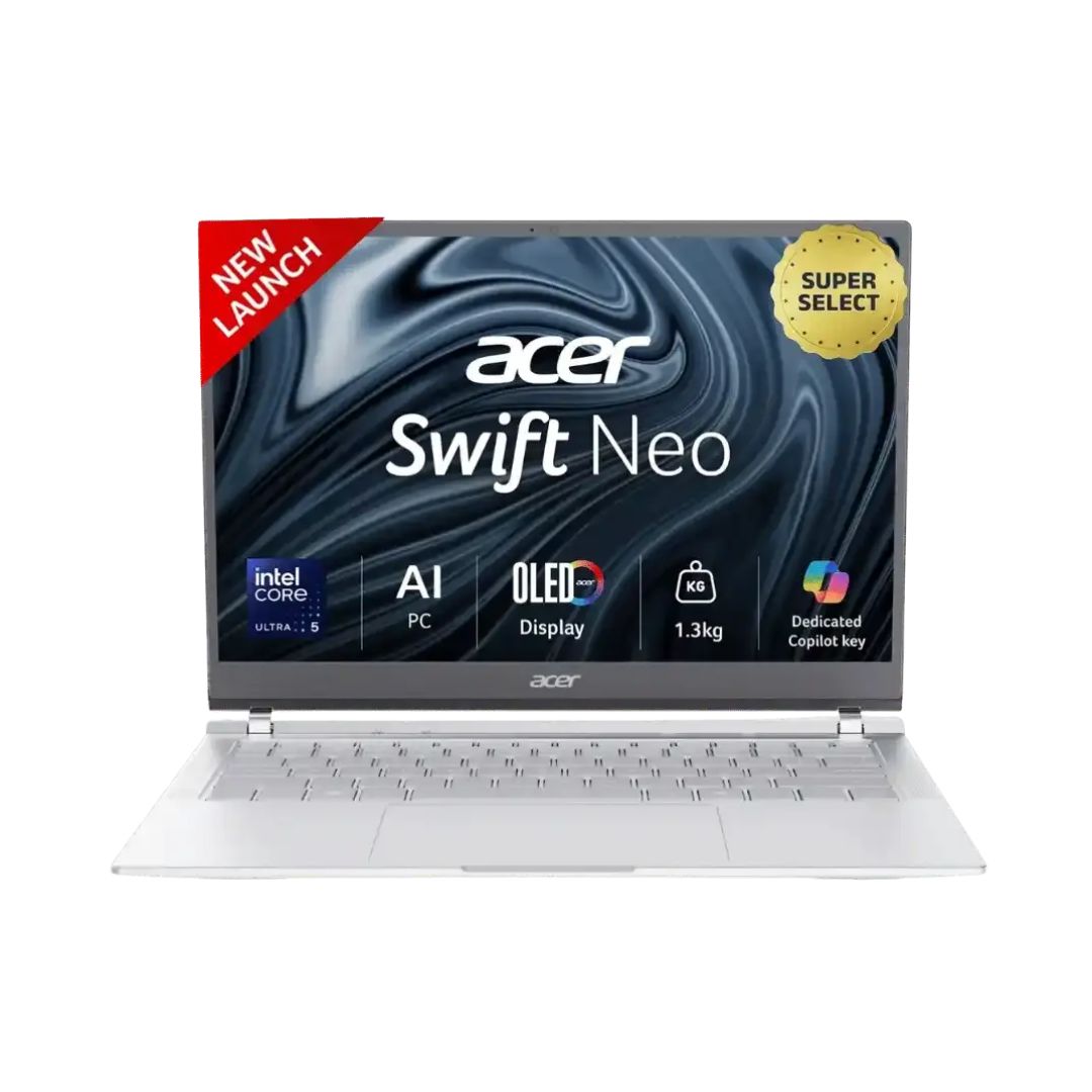 Acer Swift Neo 14 Intel Ultra 5 155U (14th Gen) Processor - 16GB DDR5 RAM - 512GB NVMe SSD - 14" WUXGA (1920x1200) OLED Display - Intel Integrated Graphics - Backlit Keyboard - FingerPrint Reader - Windows 11 Home - Silver