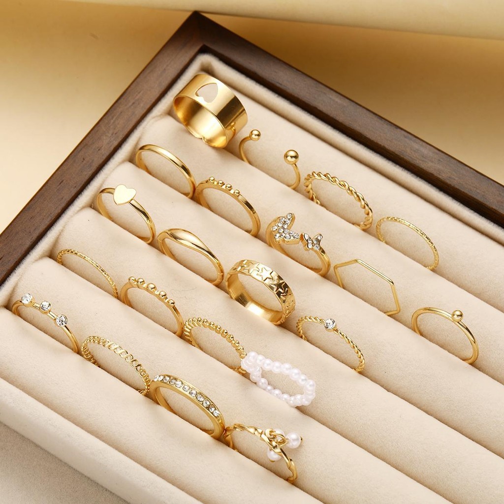 New 2025 21Pcs/Set Fashion Jewelry Women Rings For Daily Life Delicate Crystal Hollow Love Heart Butterfly Finger Opening Rings Ins Hot