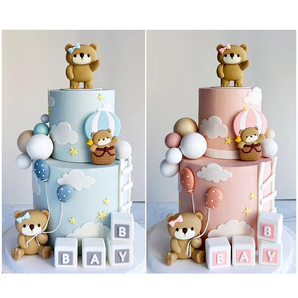 1Pcs Cute Birthday Party Bear Ornaments Pink Blue Baby Shower Supplies Cake Topper Gifts Train Balls Insert Cake Decorations Boy Girl