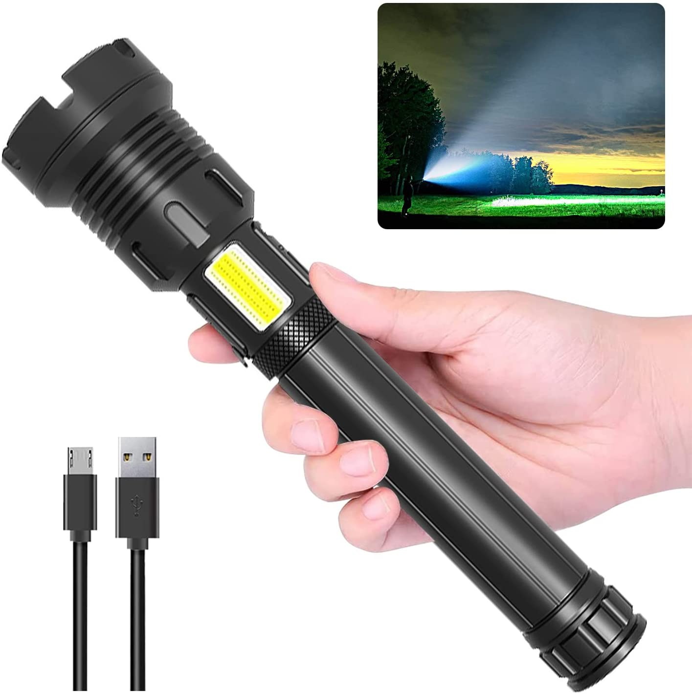 LBE Rechargeable Brightest LED Flashlight, 200000 High Lumens Super Bright Powerful Flashlight With 3 Modes, IPX7 Waterproof Handheld Large Flash Light For Emergencies Camping