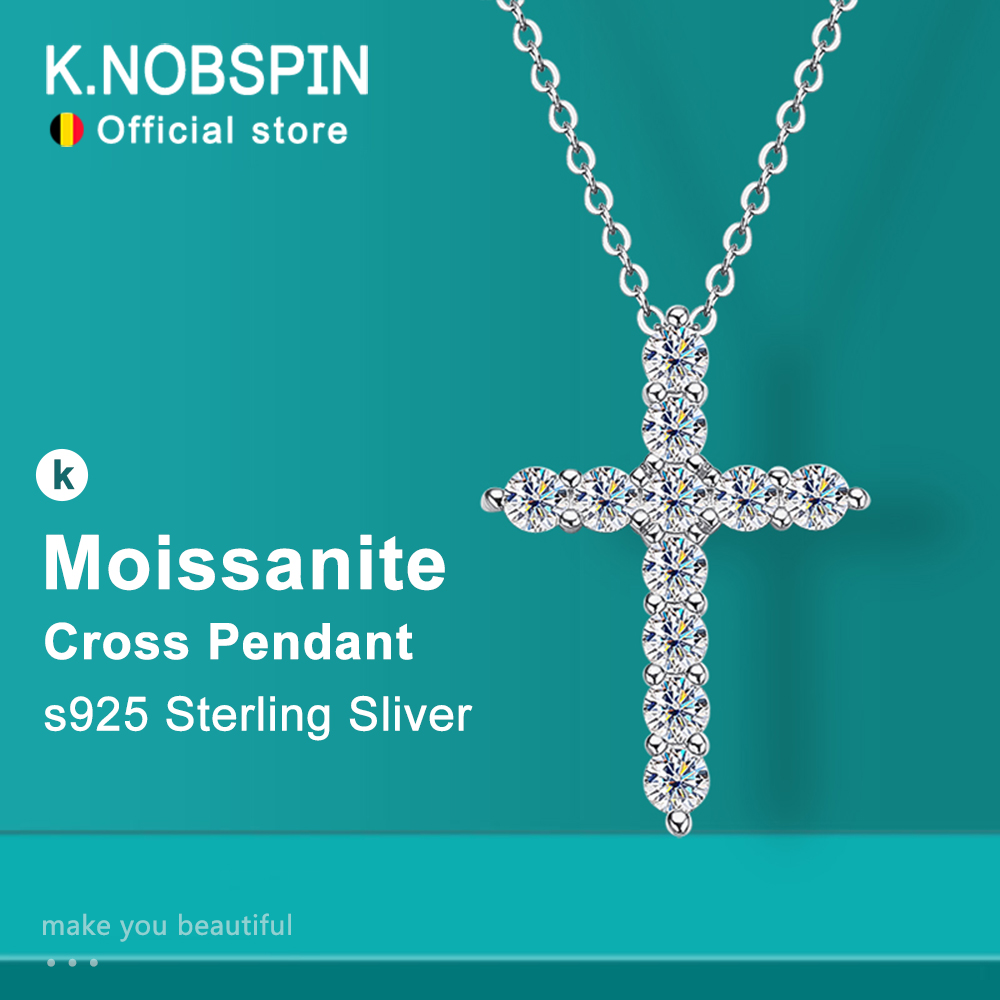 NEW YunqiangYi KNOBSPIN Full Moissanite Cross Pendant Necklace Original 925 Sterling Sliver Chain Plated 18k White Gold Fine Necklace for Women