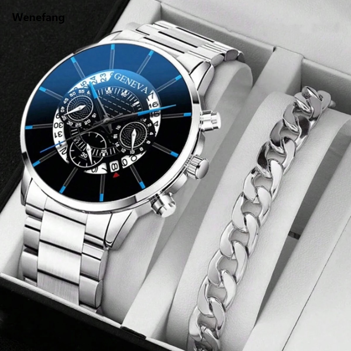 Wenefang Watch 2Pcs Set Free Bracelet Fashion Men Business 2025 New Black Leather Waterproof Quartz Watches