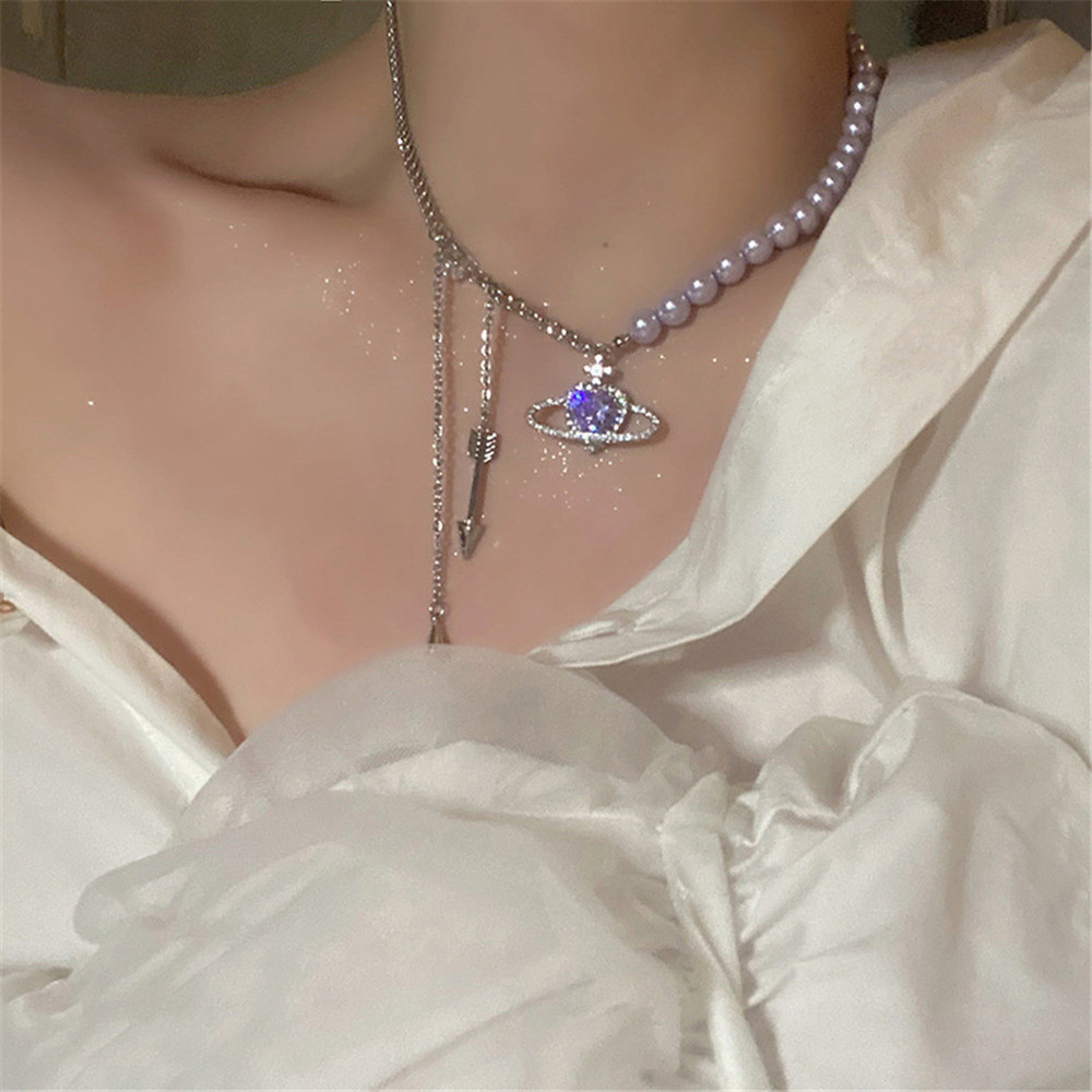 NEW Chain collarbone gentle luxury light design purple planet universe necklace NewTrend romantic zircon faux pearl small vintage
