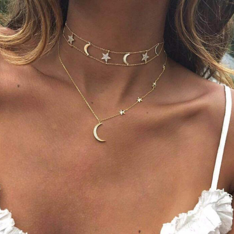 【Pocket king VOX】2018 New wholesale Hot Wo Accessories Bohemia Style Luxury Crystal Star Moon Choker Bib Statet Necklace For Wedding Party