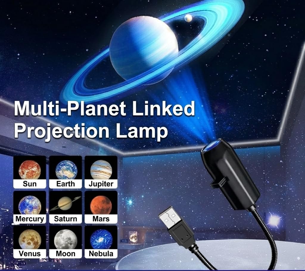 USB Planet Projection Lamp with 6 Galaxy Films - 360° Flexible Earth & Moon Star Projector - Romantic Night Light for Bedroom Decor, Photography ,Creative Lighting & Kids Gift