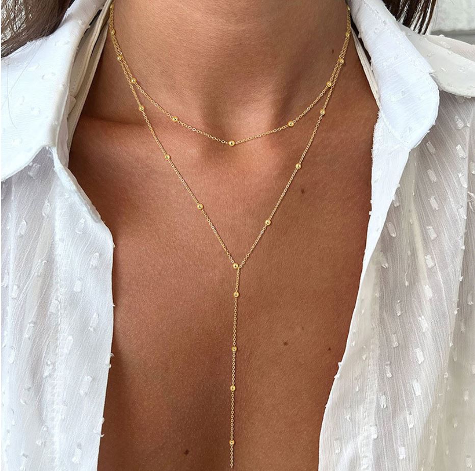 Pebbles Nepal Minimalist Y-Shaped Gold Layered Necklace for Women | Elegant Double Chain Pendant for Casual & Party Wear | Fashion Jewelry