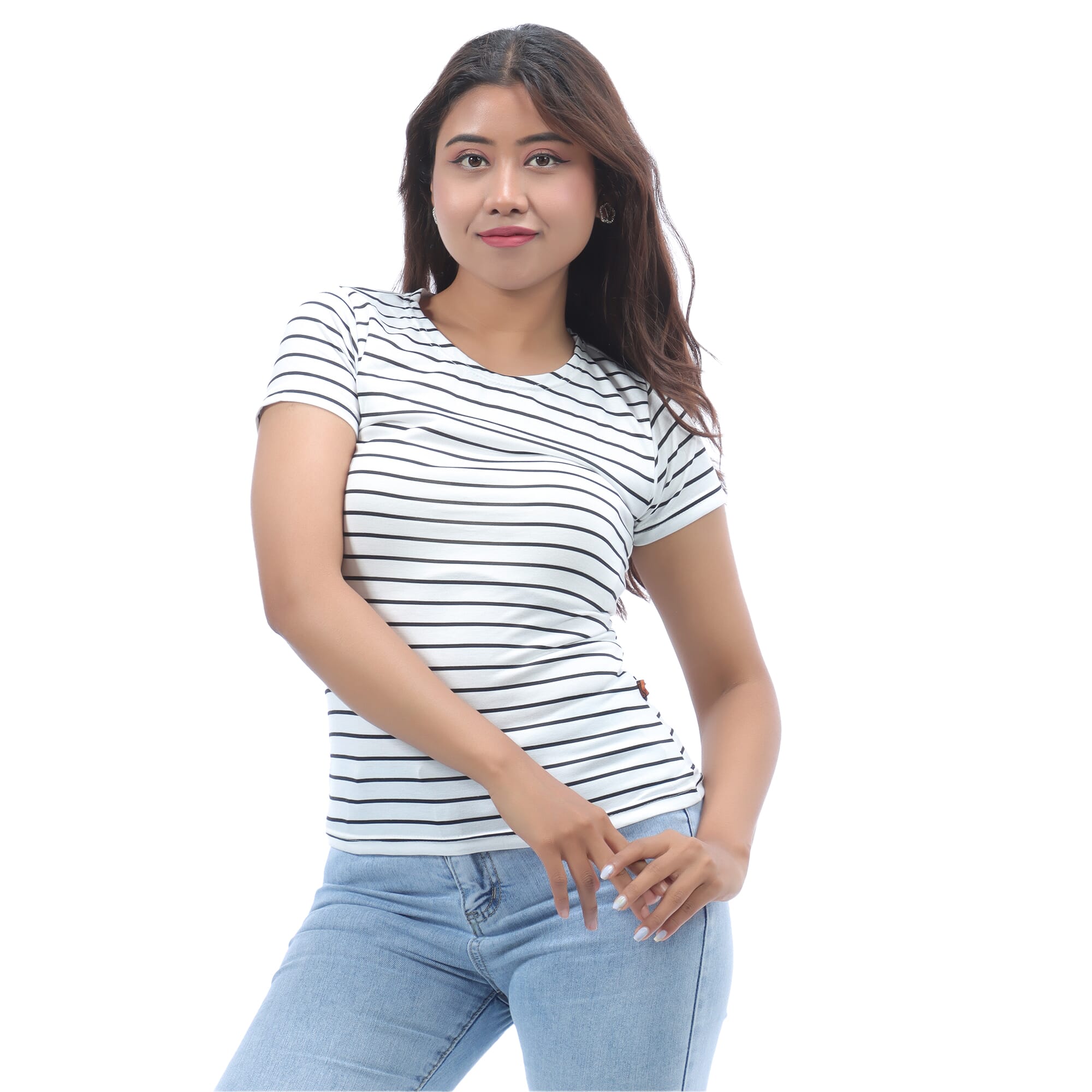 White Color Cotton Round Neck Half Sleeves Lining Design T-Shirt For Women