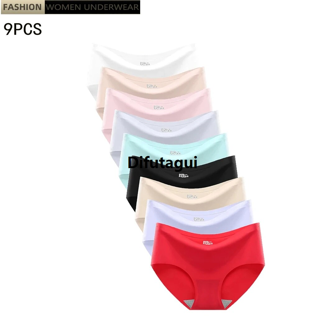 Difutagui 9 PCs/Lot Seamless Ice Silk Underwear for Women Monochrome 2025 New Underwears Middle Waist Girl Student Briefs Comfortable