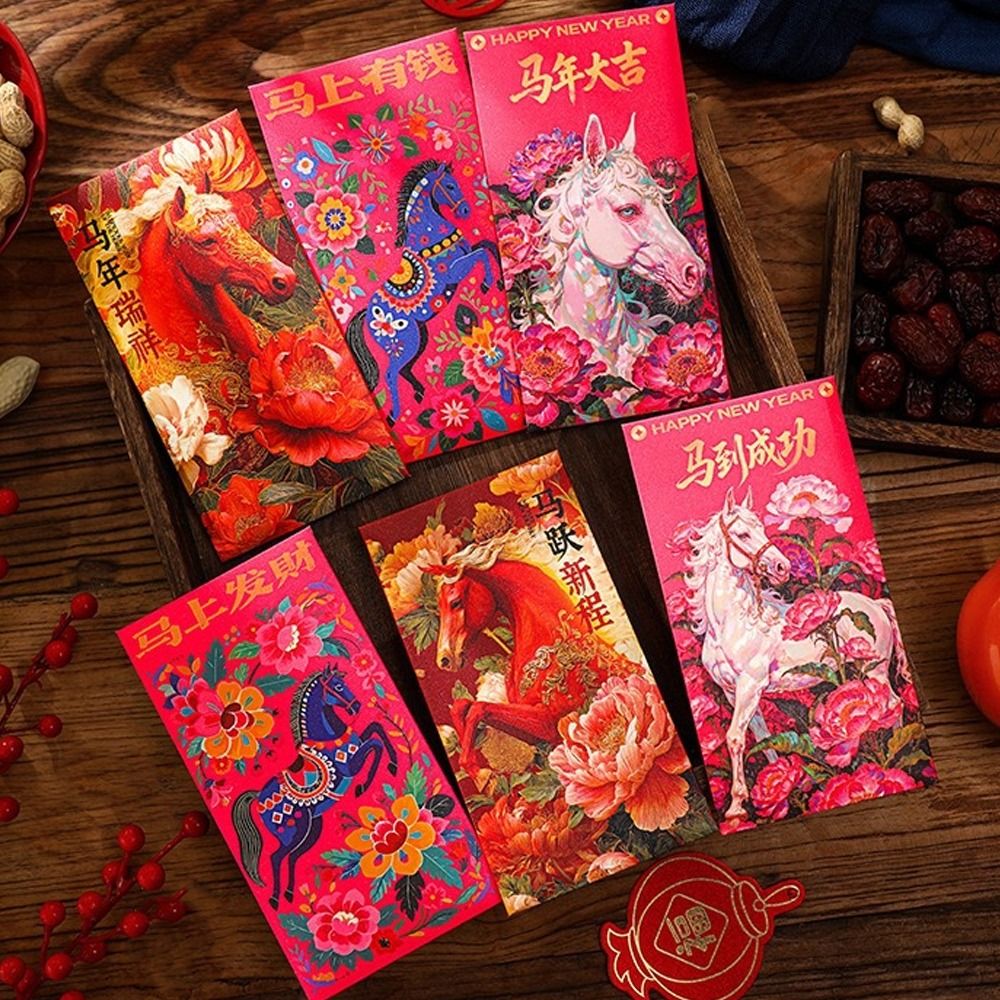 6pcs Hongbao 2026 Horse Year New Year Red Envelopes Chinese Style Cartoon Spring Festival Envelope Paper Blessing Money Pockets Birthday Celebration