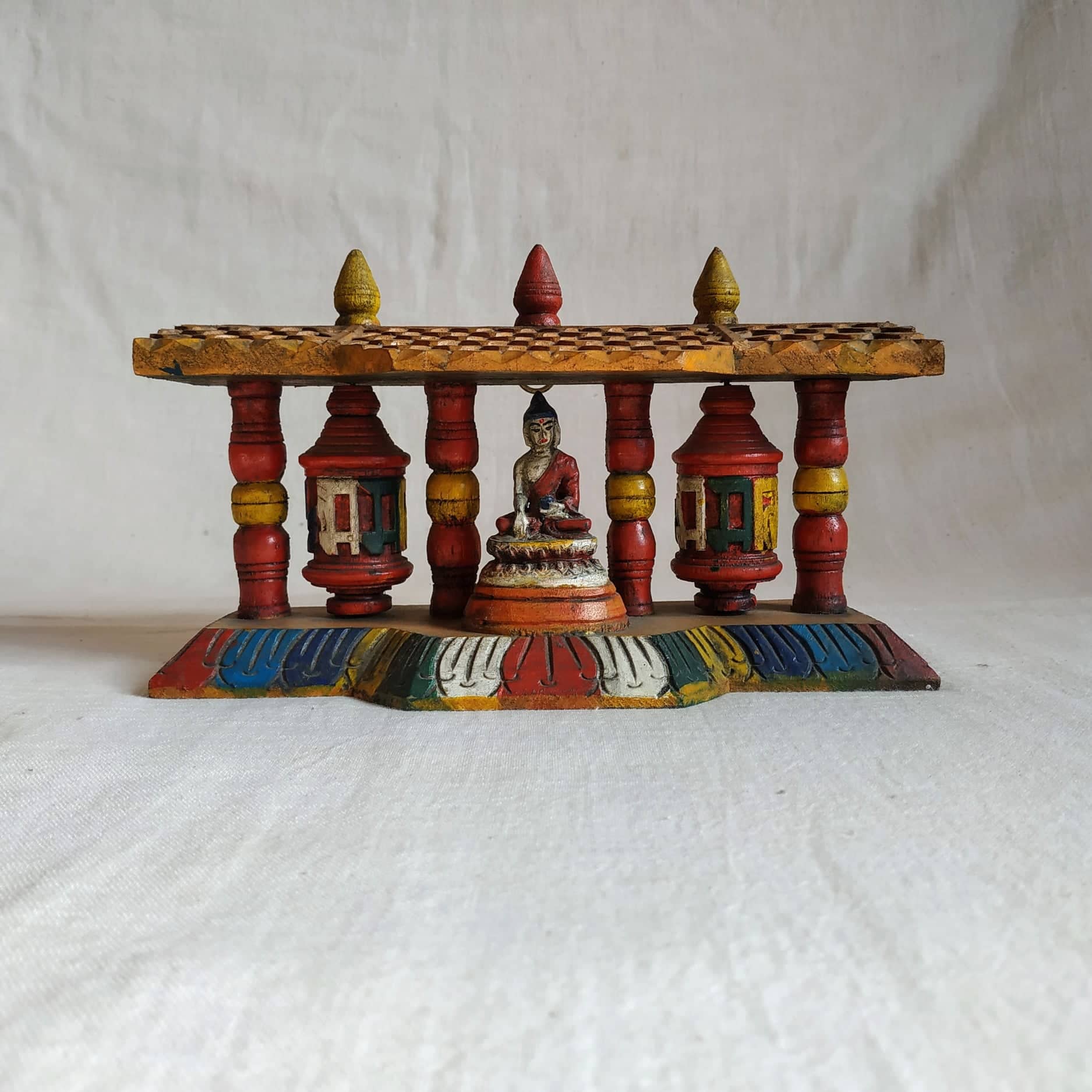 Colourful Wooden Buddha Double Prayer Wheel Mani (8x5)"