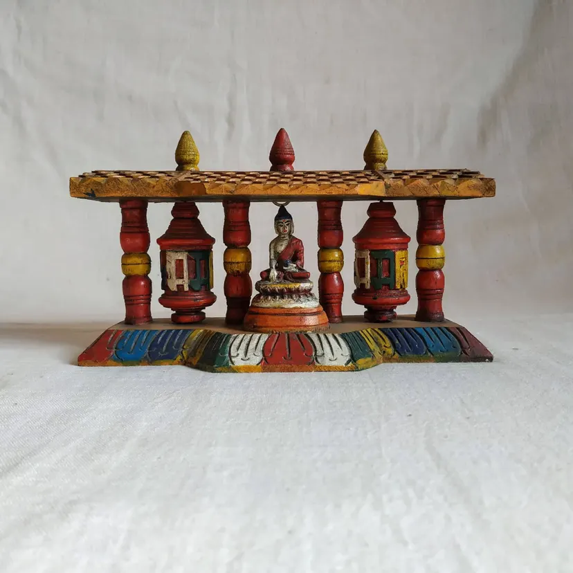 Colourful Wooden Buddha Double Prayer Wheel Mani (8x5)"