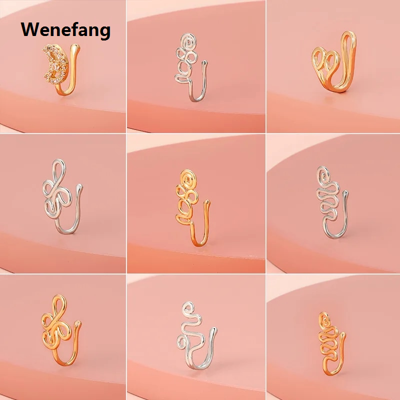 Wenefang 1PC Copper Piercing Nose Ring Heart Star Crown Nose Clip Ear Clip Cuff Hoop Nostril Earring For Women Girl Body Jewelry