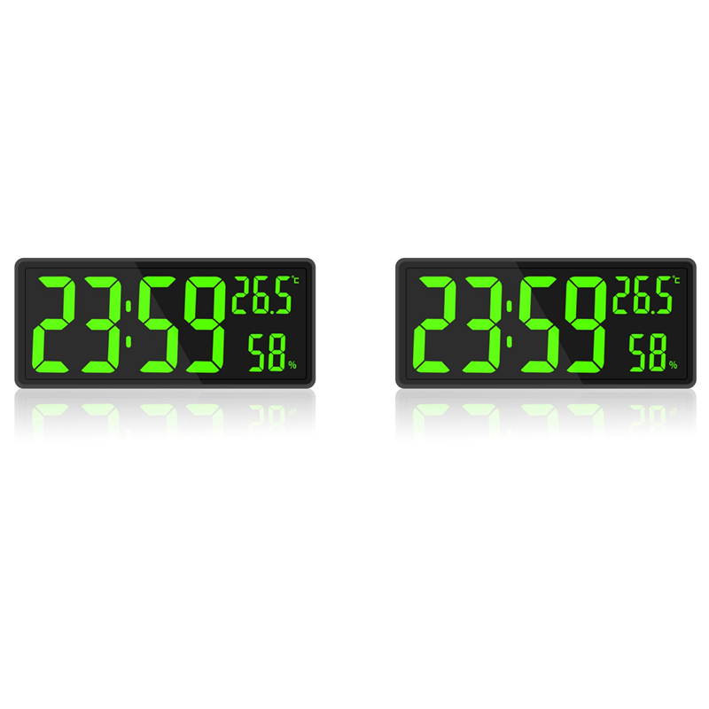 JINMY 2X LED Digital Wall Clock, Large Digits Display,Indoor Temperature&Humidity,for Farmhouse, Home,Classroom,Office Green