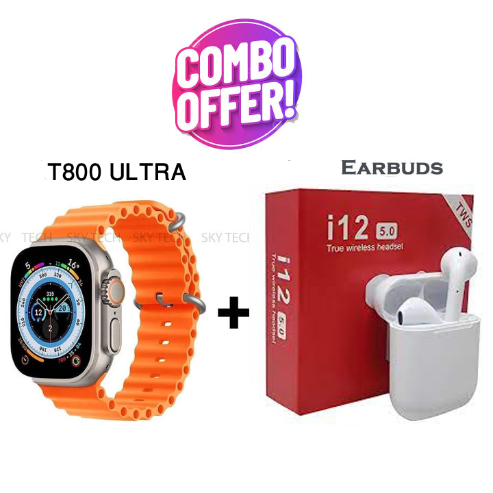 Combo T800 Ultra Smart Watch Ultra Big Display & I12 True Wireless Headset Powerful Sound Wireless Bluetooth Earbuds For Men/women