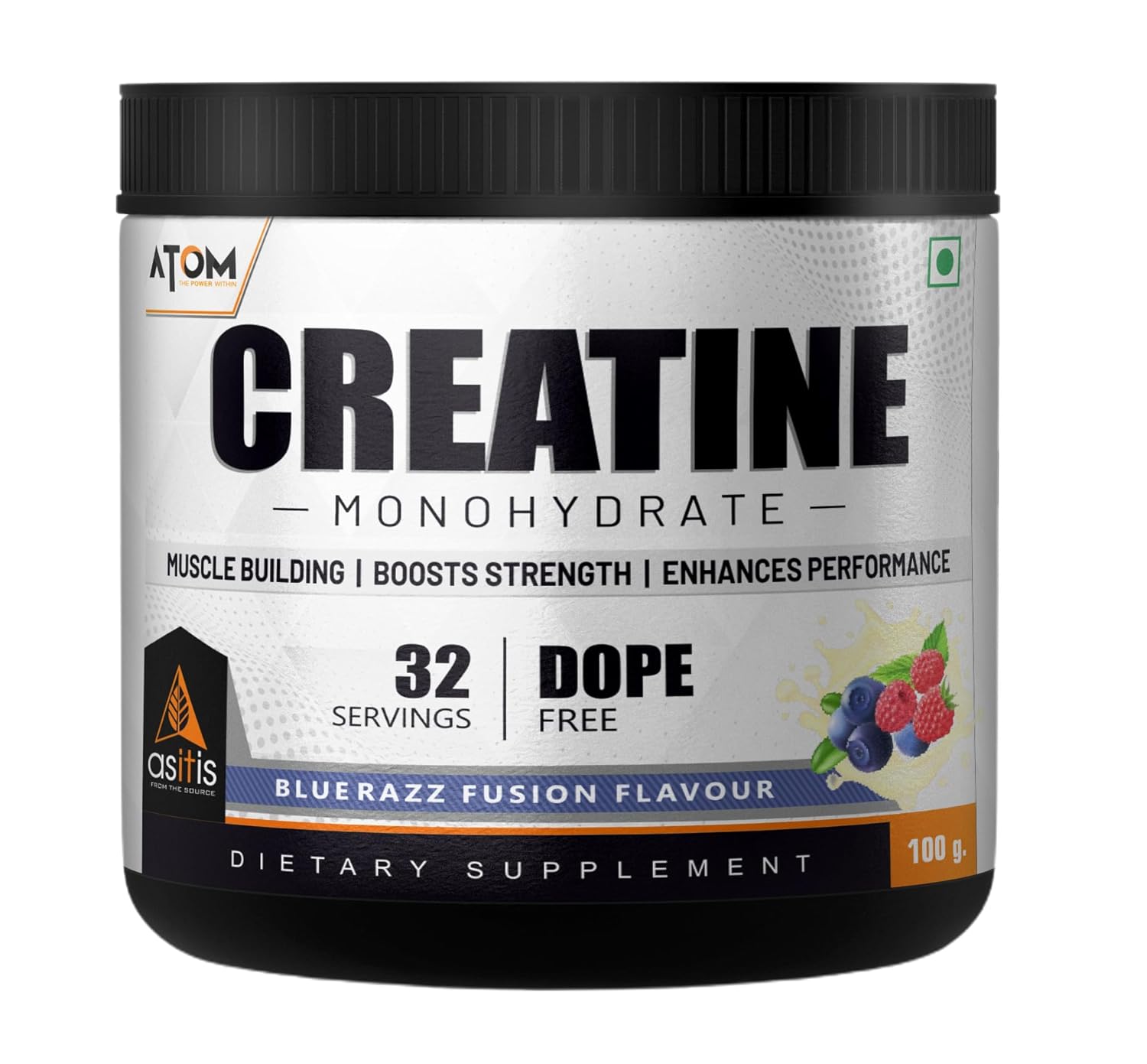ATOM Flavored Creatine Monohydrate 100g 32 Servings Blue Razz Fusion Micronized for Muscle Gain Strength Mass Performance Energy