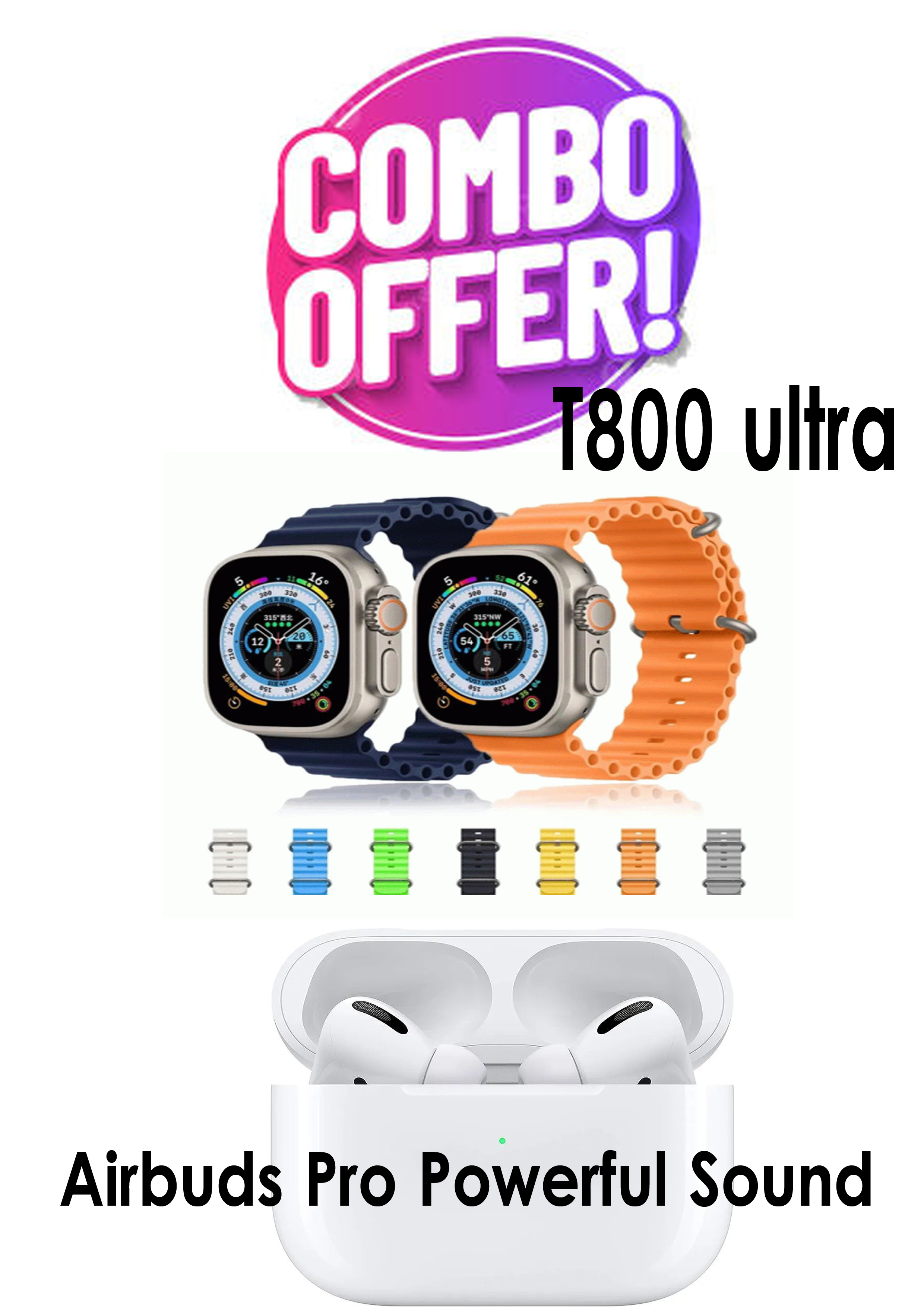 Combo T800 Ultra Smart Watch Ultra Big Display & Airbuds Pro 2 True Wireless Headset Powerful Sound Wireless Bluetooth Earbuds For Men/women