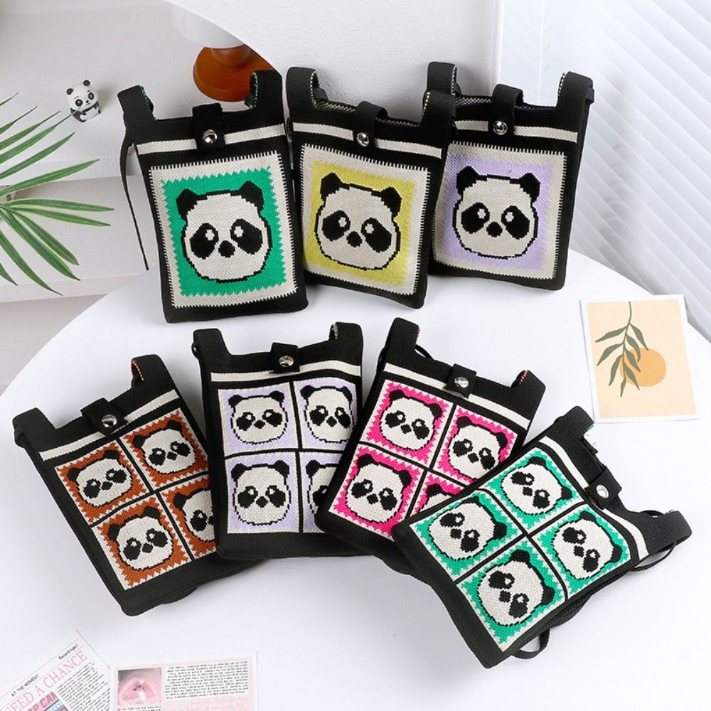 Reusable Mini Knit Handbag Cartoon Cute Knot Wrist Bag Panda Pattern High-capacity Phone Bag Student
