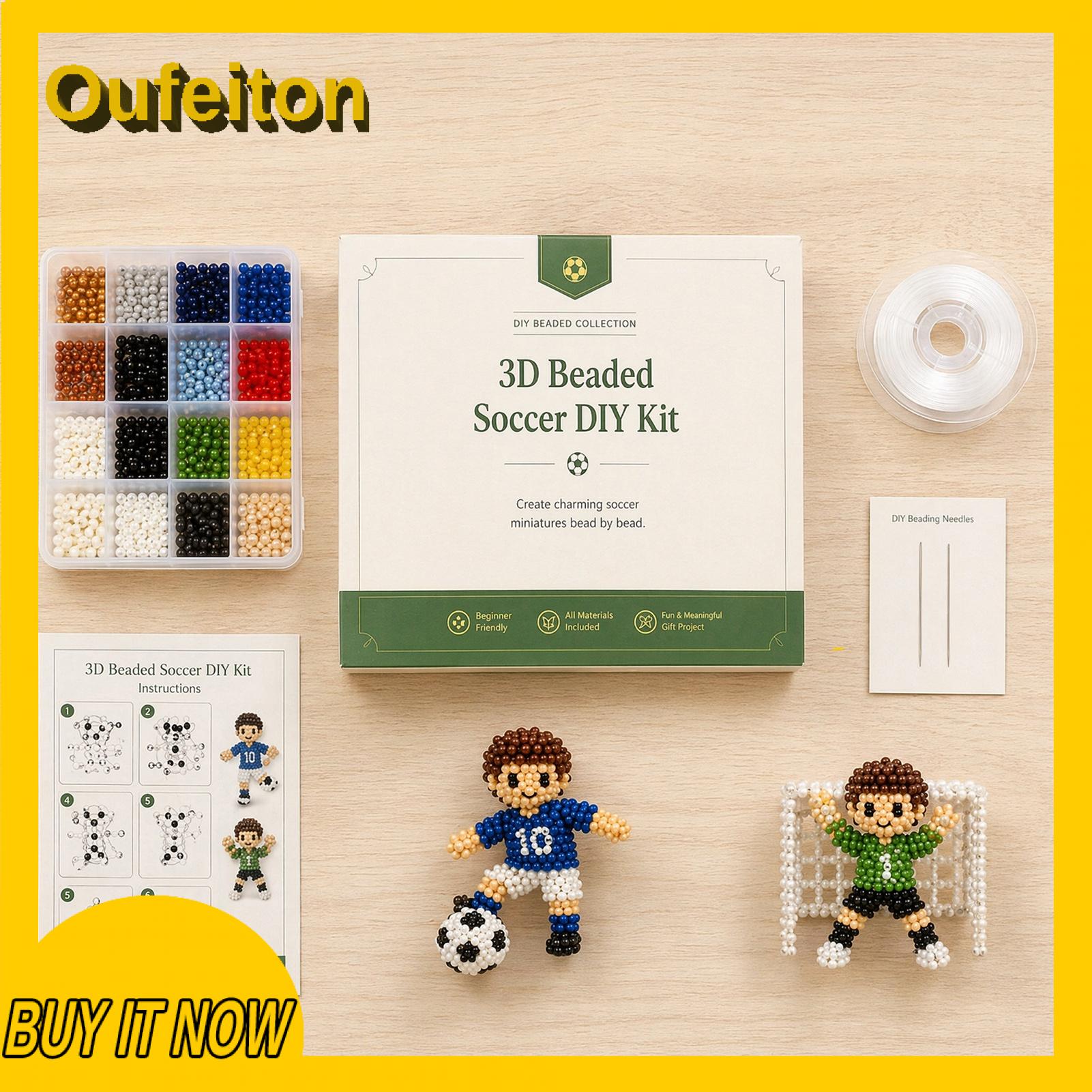 Oufeiton Diy Bead Kit 3d Beaded Football Player Diy Kit - Mini Soccer Player Craft Set for Beginners Teens Adults - Cute for Cross-border
